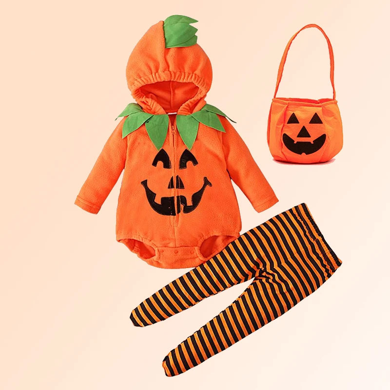 Costume Halloween Citrouille Bébé – Combinaison à Capuche & Collant Rayé