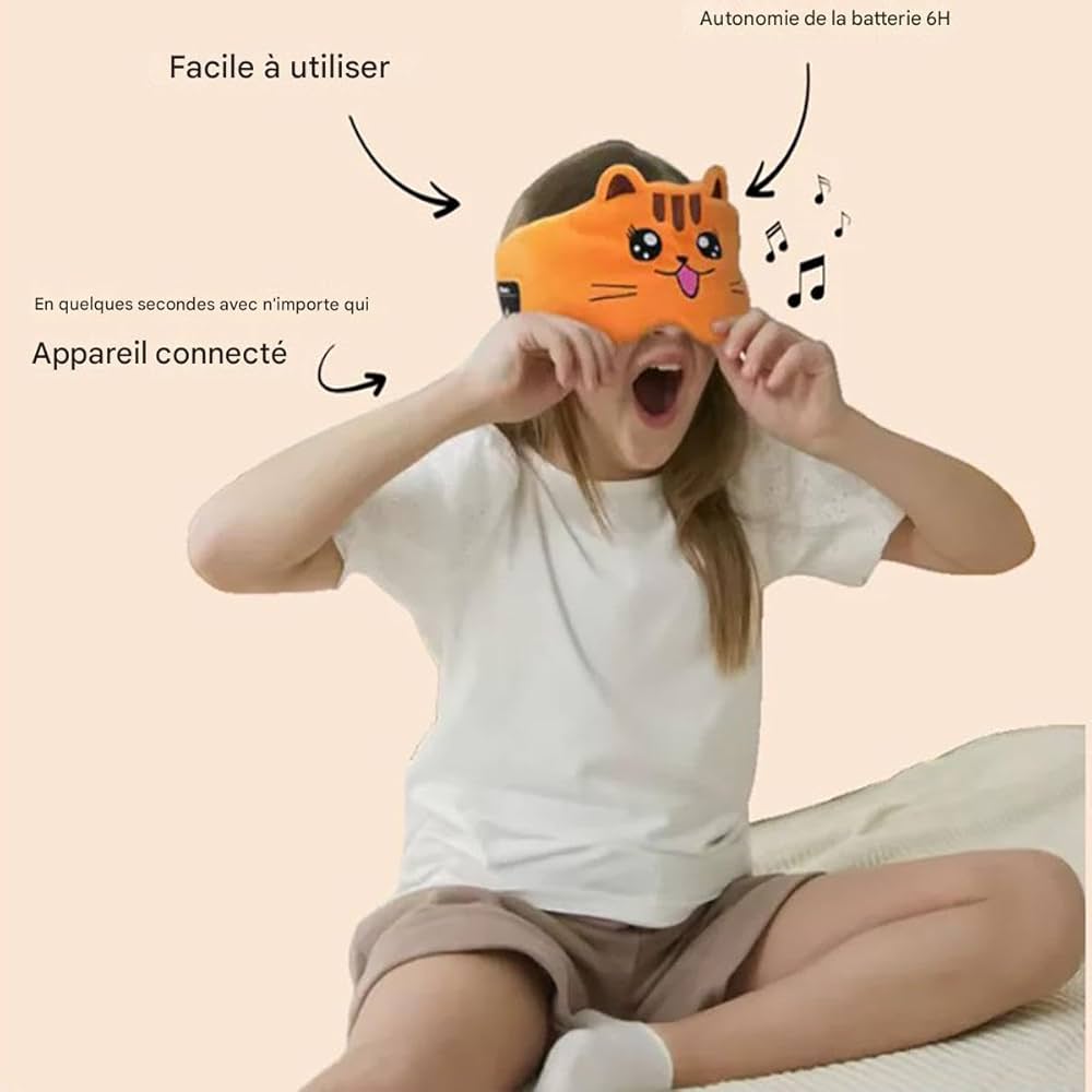 Masque de sommeil chat orange pour enfant, facile à utiliser, appareil connecté, autonomie 6H