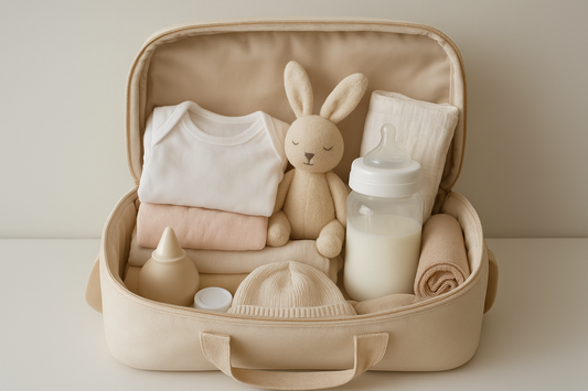 Sac à langer bébé avec biberon, vêtements, doudou lapin et accessoires essentiels pour mère et enfant