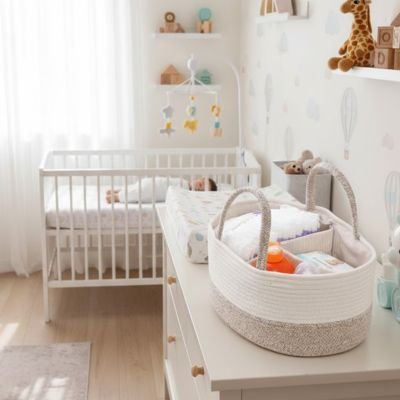 Panier de rangement pour bébé sur commode dans une chambre d'enfant blanche