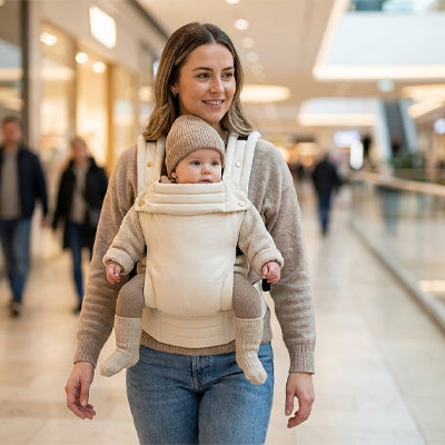 Maman portant bébé dans porte-bébé ergonomique dans centre commercial