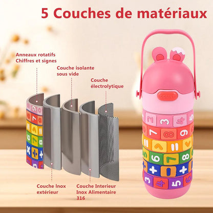 Bouteille enfant rose avec anneaux rotatifs chiffres et signes, 5 couches matériaux inox et isolant