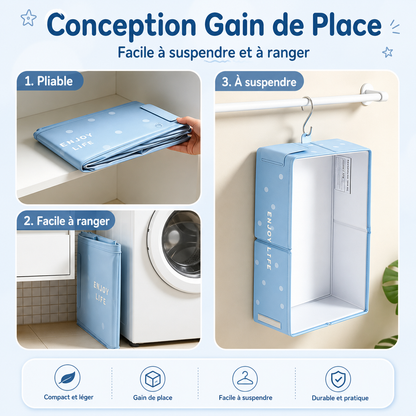 Organisateur pliable bleu pour rangement suspendu, gain de place et pratique pour la maison