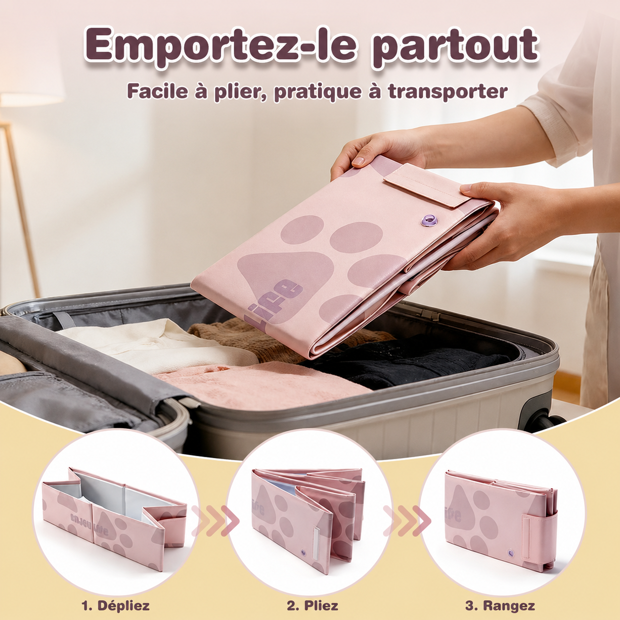 Organiseur de voyage pliable rose pour valise, idéal pour ranger vêtements bébé et maman facilement
