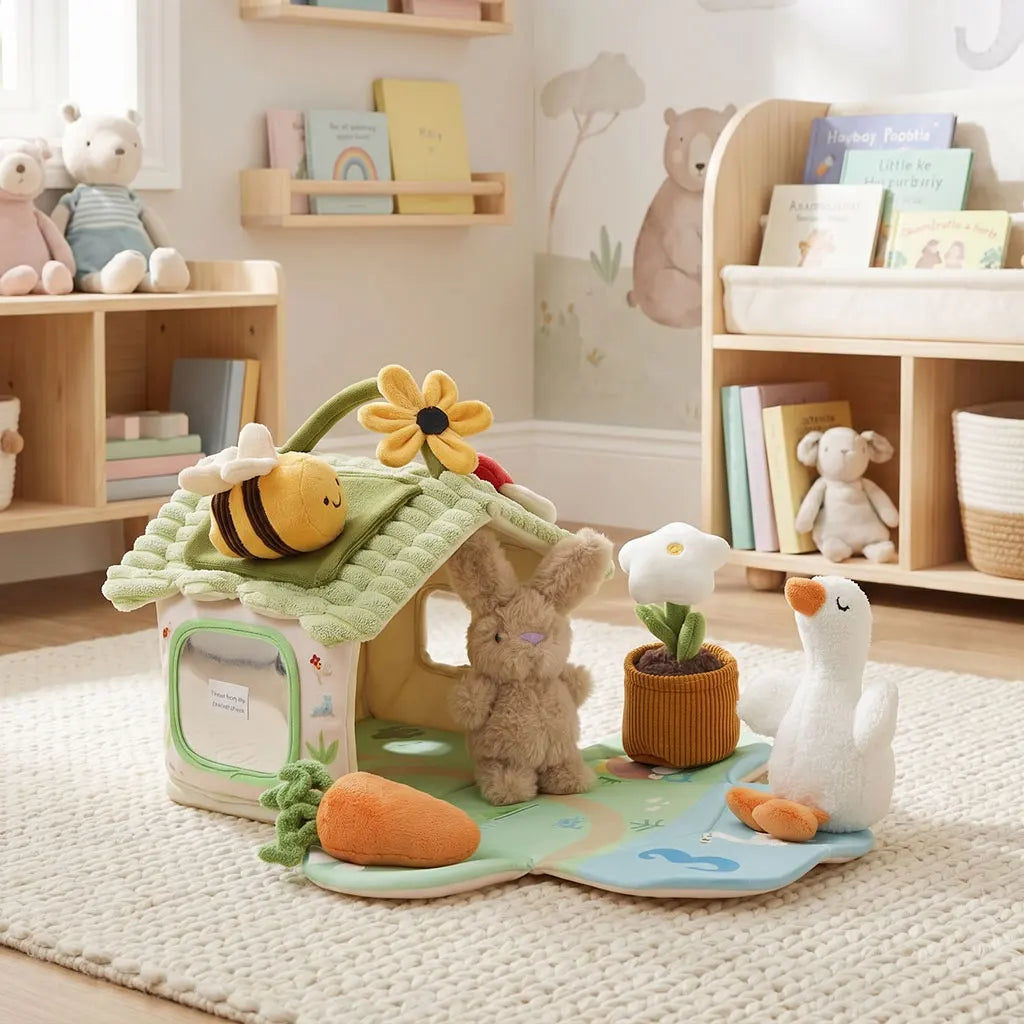 Ensemble sensoriel Montessori ferme – maisonnette en peluche pour bebe