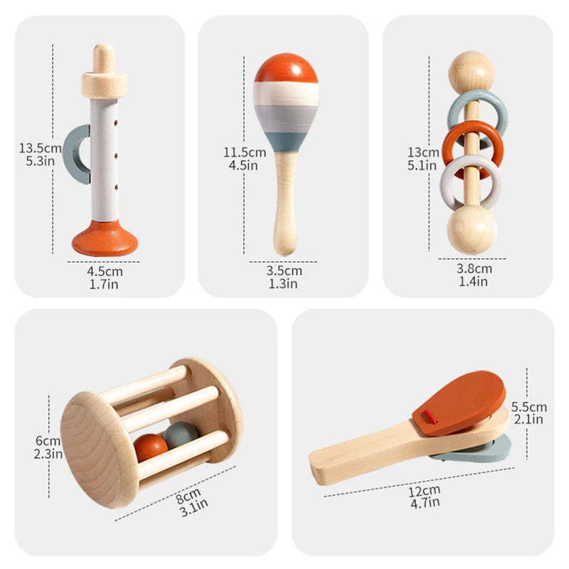 Set 5 Instruments de Musique Montessori Bébé en Bois | Jouet Sensoriel Éveil Musical