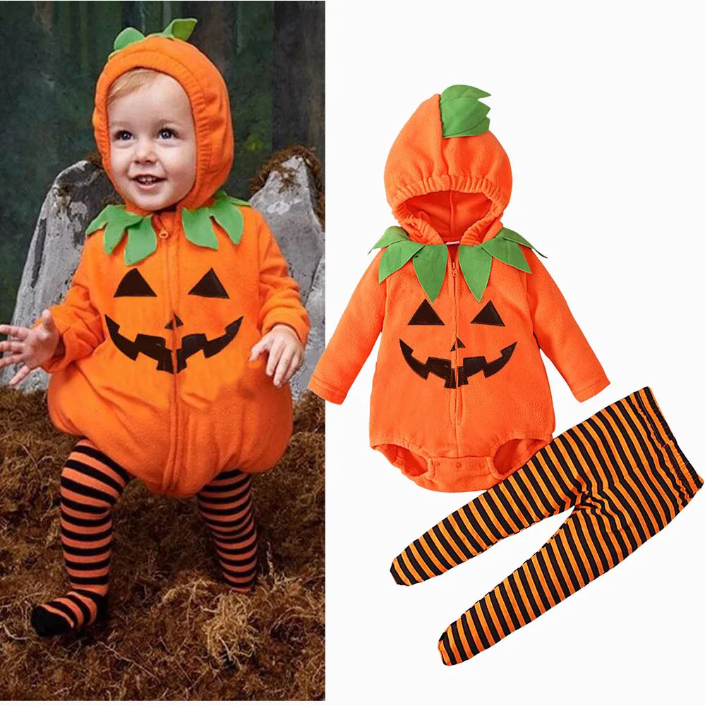 Costume Halloween Citrouille Bébé – Combinaison à Capuche & Collant Rayé