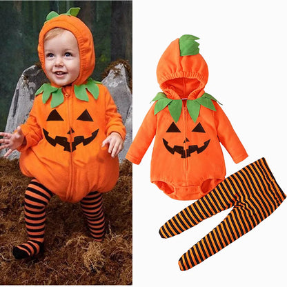 Costume Halloween Citrouille Bébé – Combinaison à Capuche & Collant Rayé