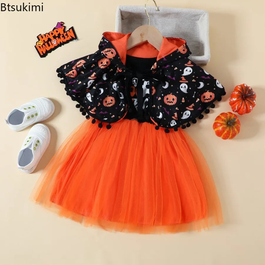 Costume d'Halloween pour Fille – Ensemble 2 Pièces Cape & Robe Tulle Citrouille