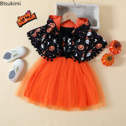 Costume d'Halloween pour Fille – Ensemble 2 Pièces Cape & Robe Tulle Citrouille