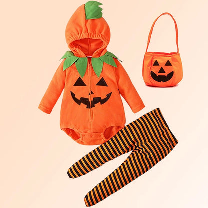 Costume Halloween Citrouille Bébé – Combinaison à Capuche & Collant Rayé