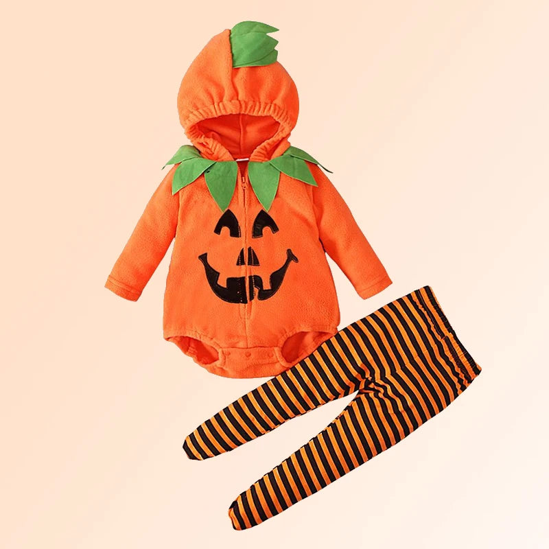 Costume Halloween Citrouille Bébé – Combinaison à Capuche & Collant Rayé