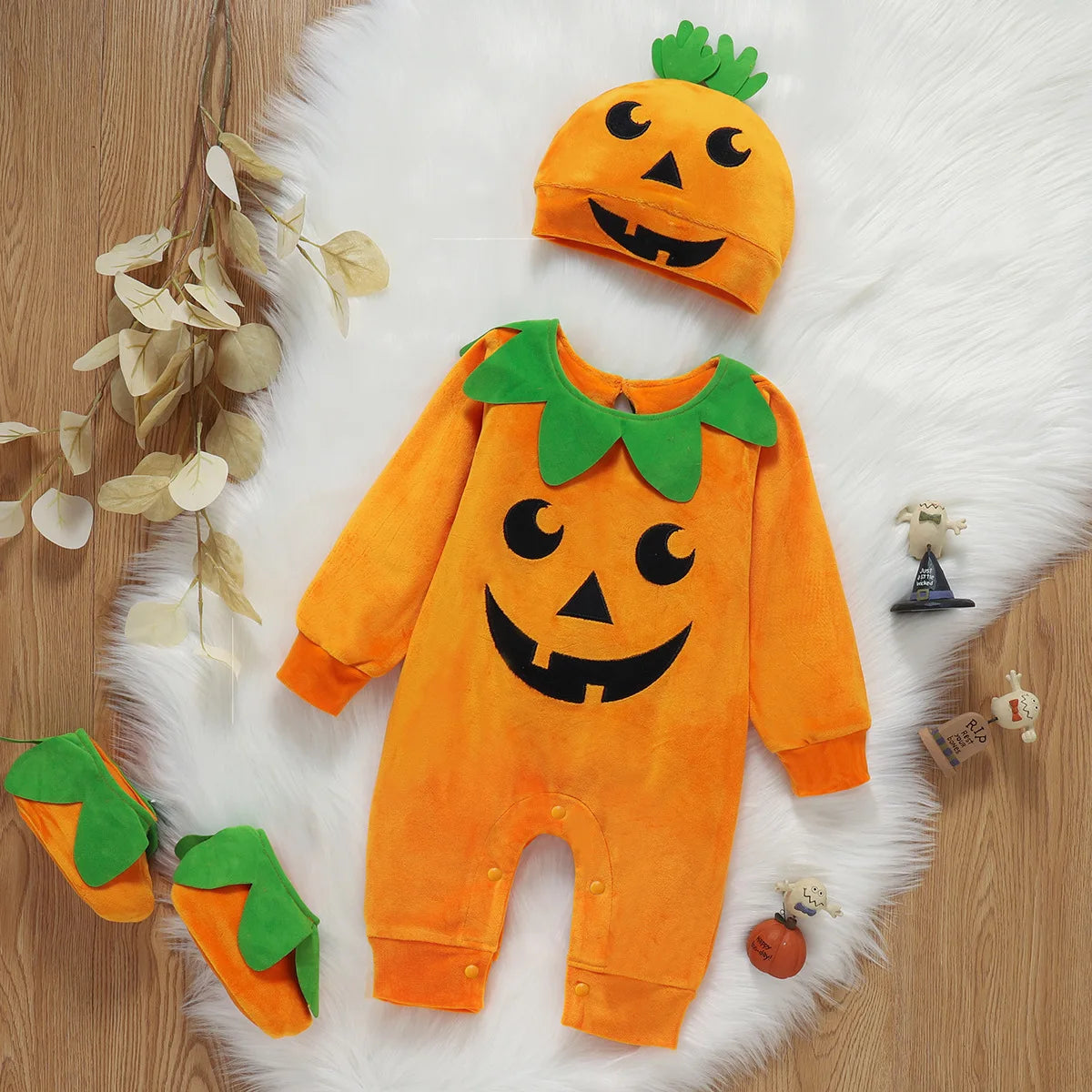 Costume Citrouille Bébé Halloween – Barboteuse + Chapeau + Chaussures | Velours Doux 3-24 Mois