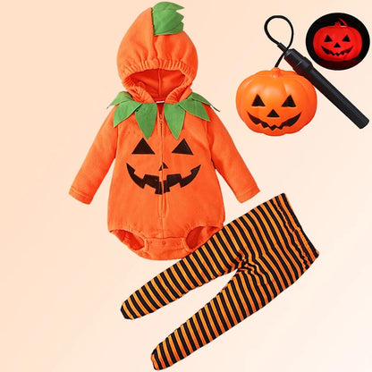 Costume Halloween Citrouille Bébé – Combinaison à Capuche & Collant Rayé