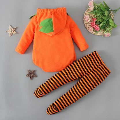 Costume Halloween Citrouille Bébé – Combinaison à Capuche & Collant Rayé