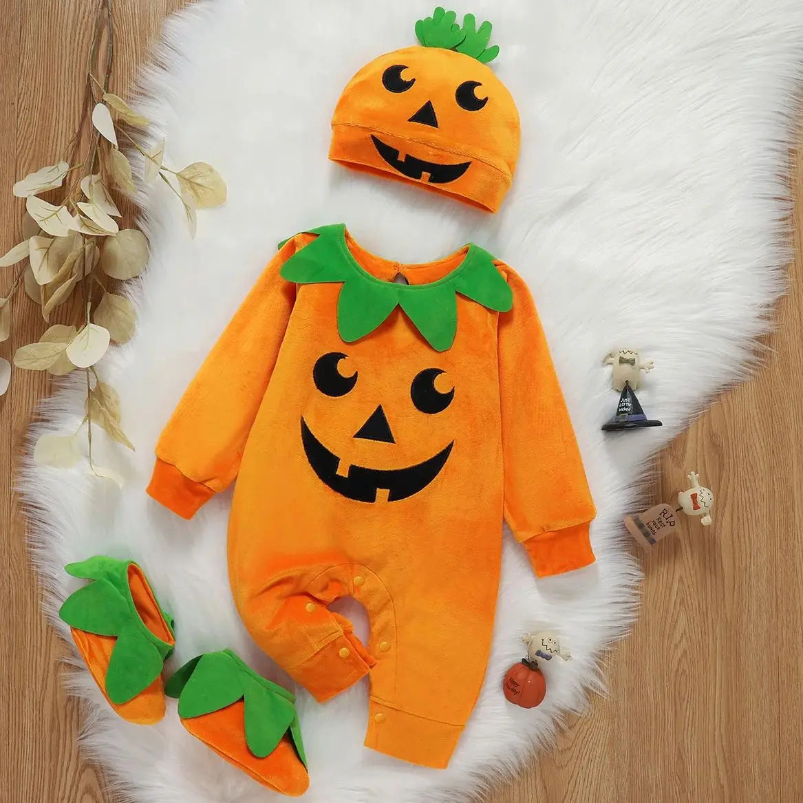Costume Citrouille Bébé Halloween – Barboteuse + Chapeau + Chaussures | Velours Doux 3-24 Mois