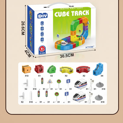 Jeu de construction Cube Track DIY pour enfants dès 3 ans, 51 pièces colorées, train électrique, pistes magnétiques
