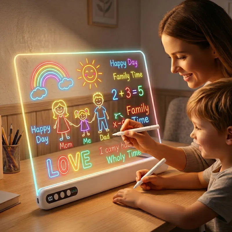 Tableau de dessin LED enfant rechargeable – Acrylique lumineux, minuterie & support intégré