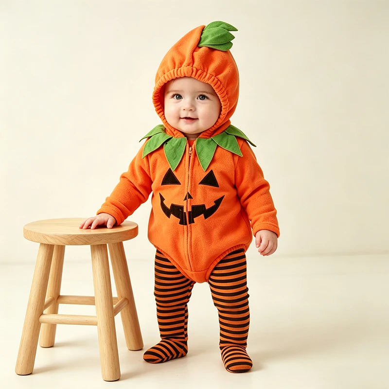 Costume Halloween Citrouille Bébé – Combinaison à Capuche & Collant Rayé