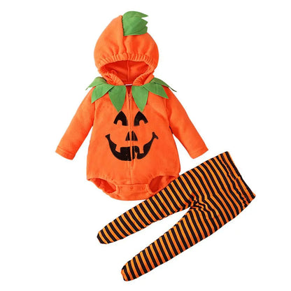 Costume Halloween Citrouille Bébé – Combinaison à Capuche & Collant Rayé