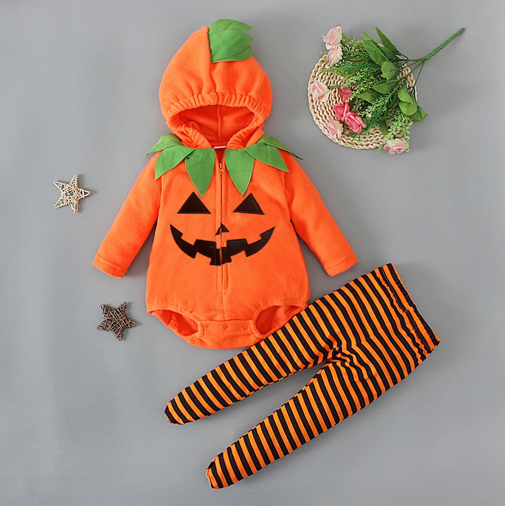 Costume Halloween Citrouille Bébé – Combinaison à Capuche & Collant Rayé