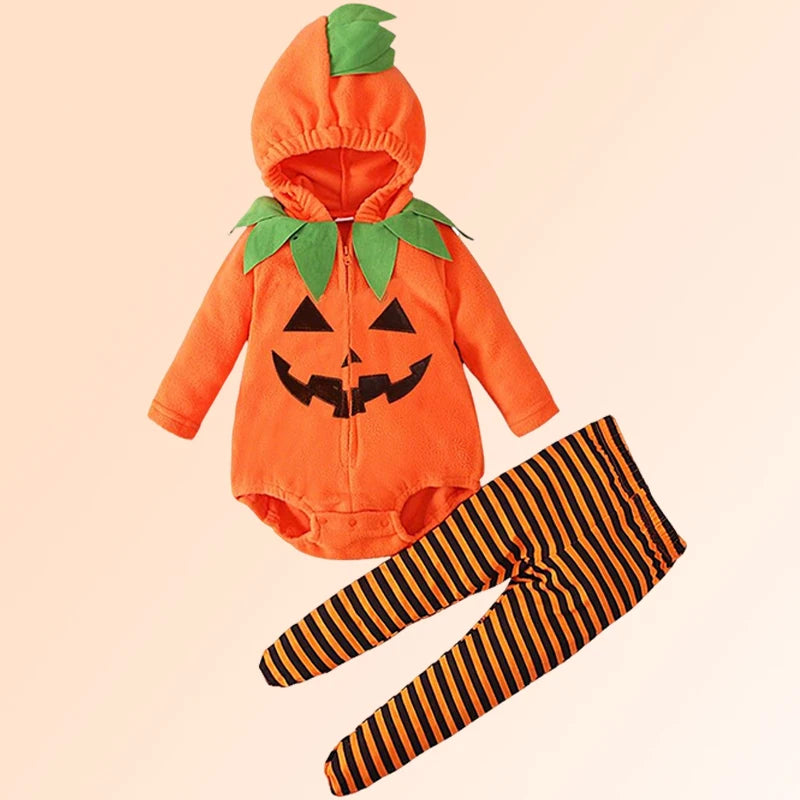 Costume Halloween Citrouille Bébé – Combinaison à Capuche & Collant Rayé