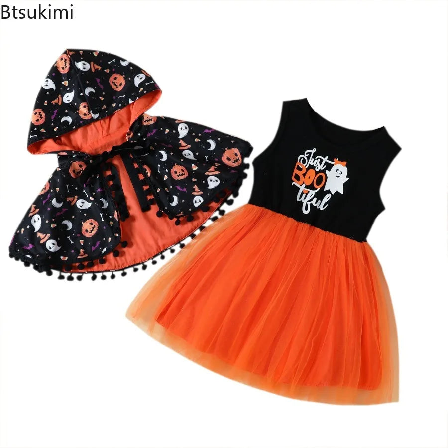 Costume d'Halloween pour Fille – Ensemble 2 Pièces Cape & Robe Tulle Citrouille