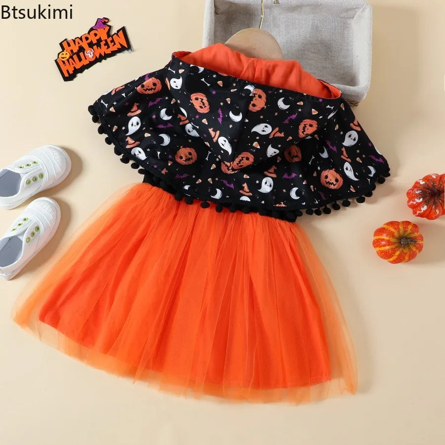 Costume d'Halloween pour Fille – Ensemble 2 Pièces Cape & Robe Tulle Citrouille