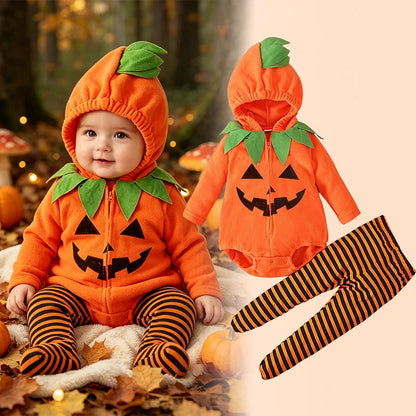 Costume Halloween Citrouille Bébé – Combinaison à Capuche & Collant Rayé