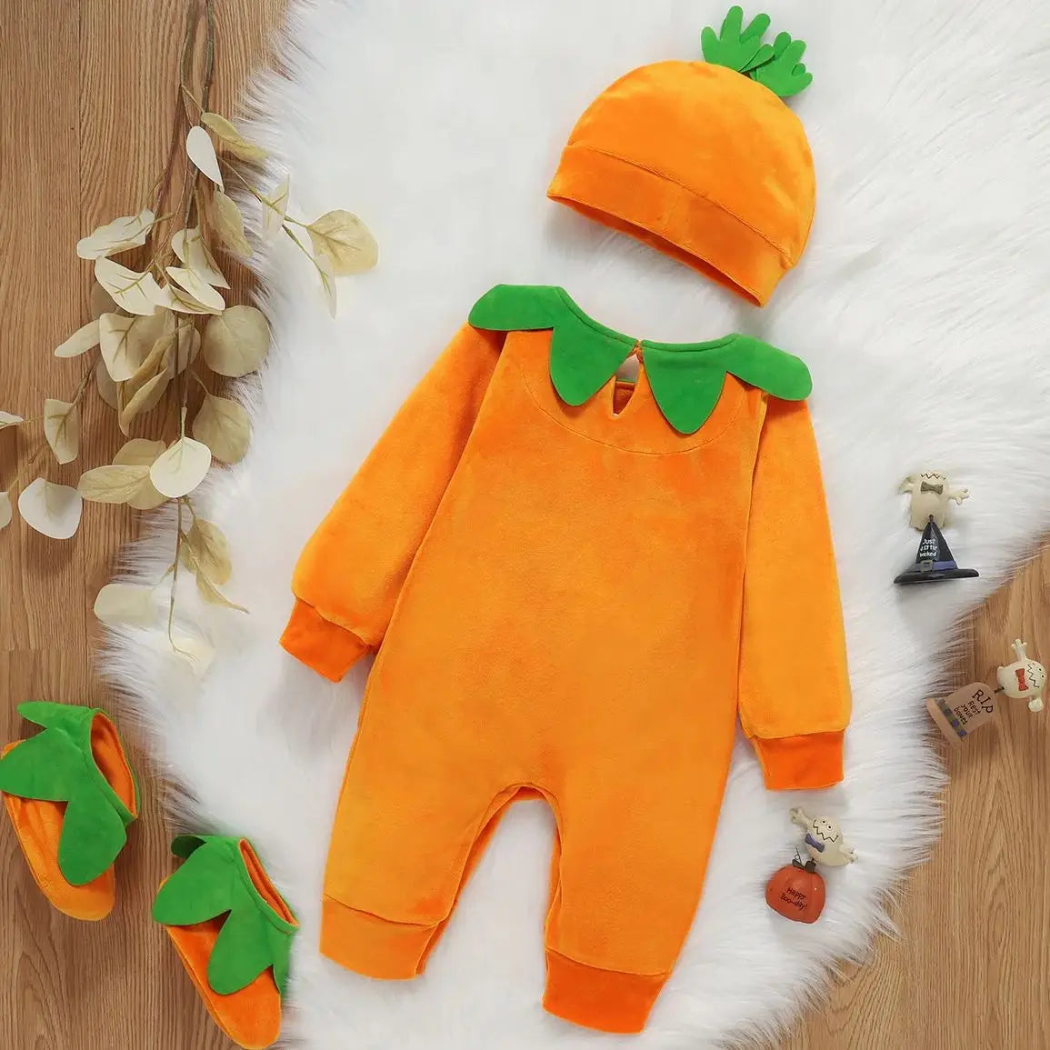 Costume Citrouille Bébé Halloween – Barboteuse + Chapeau + Chaussures | Velours Doux 3-24 Mois