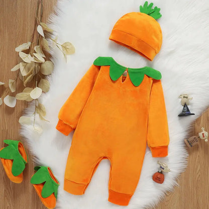 Costume Citrouille Bébé Halloween – Barboteuse + Chapeau + Chaussures | Velours Doux 3-24 Mois