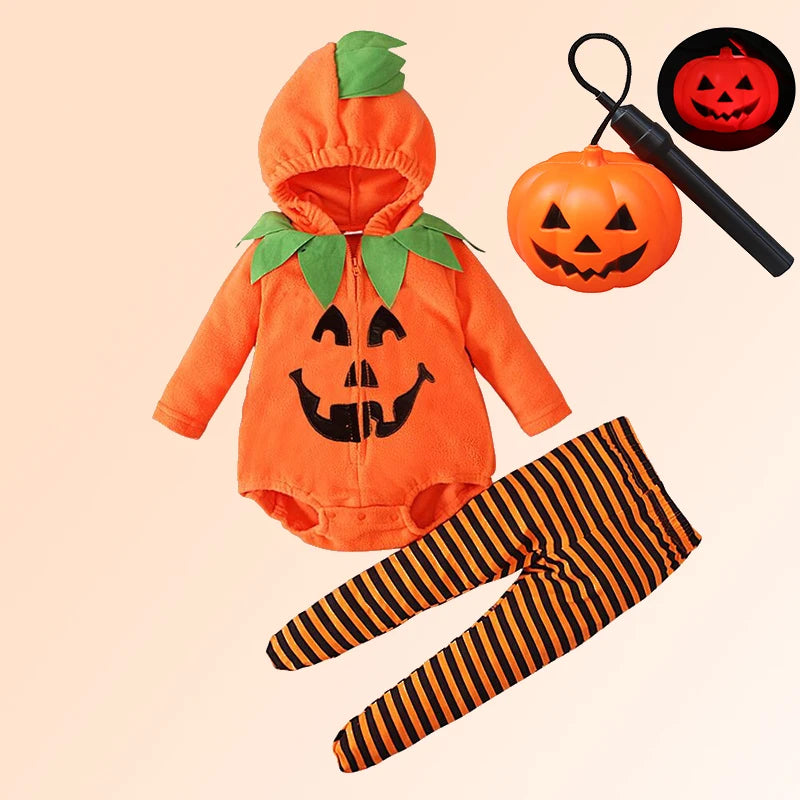 Costume Halloween Citrouille Bébé – Combinaison à Capuche & Collant Rayé