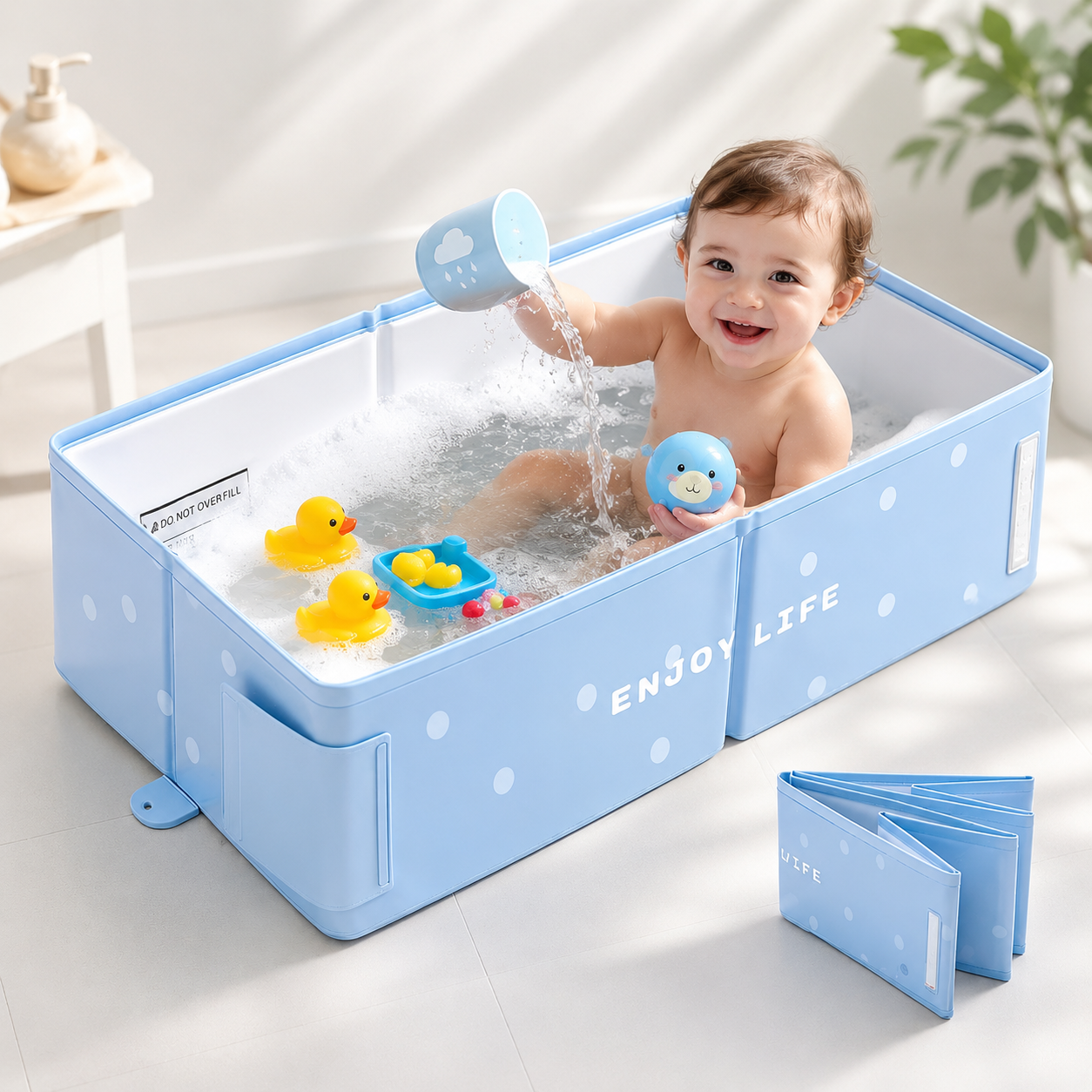 Bébé souriant dans baignoire pliable bleue avec canards jaunes et jouets, idéal pour bain bébé et soins enfant