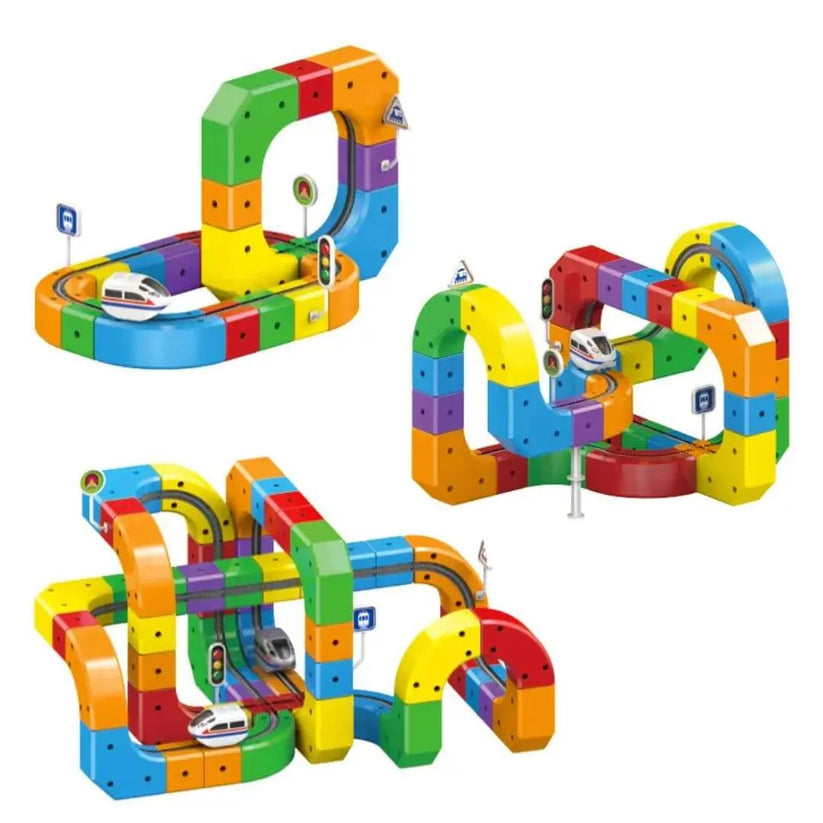Jeu de construction magnétique coloré pour enfants avec trains et rails modulables