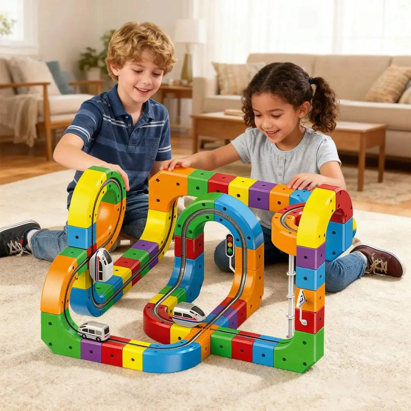 Enfants jouant avec un circuit de train magnétique coloré et modulable, idéal pour le développement et le jeu créatif.