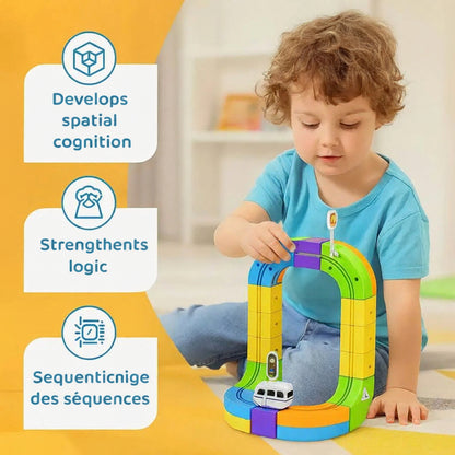 Enfant jouant avec jeu de construction coloré pour développer logique et cognition spatiale