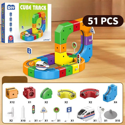 Jeu de construction magnétique Cube Track pour enfants, 51 pièces colorées avec train et accessoires