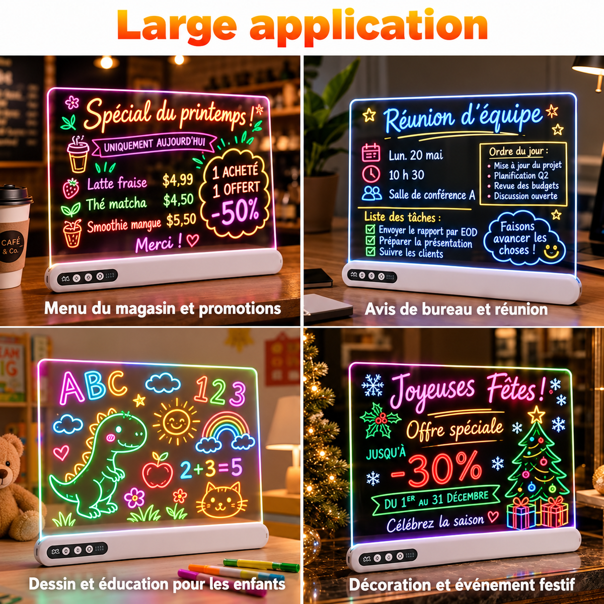 Tableau de dessin LED enfant rechargeable – Acrylique lumineux, minuterie & support intégré