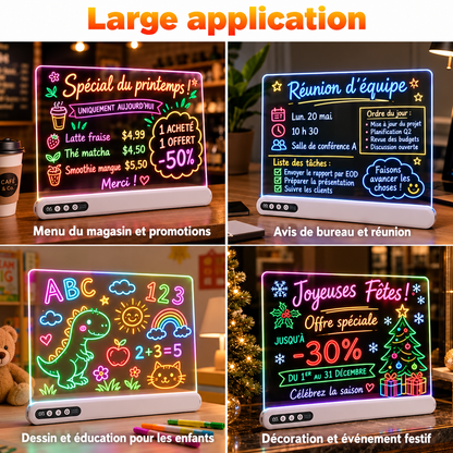 Tableau de dessin LED enfant rechargeable – Acrylique lumineux, minuterie & support intégré