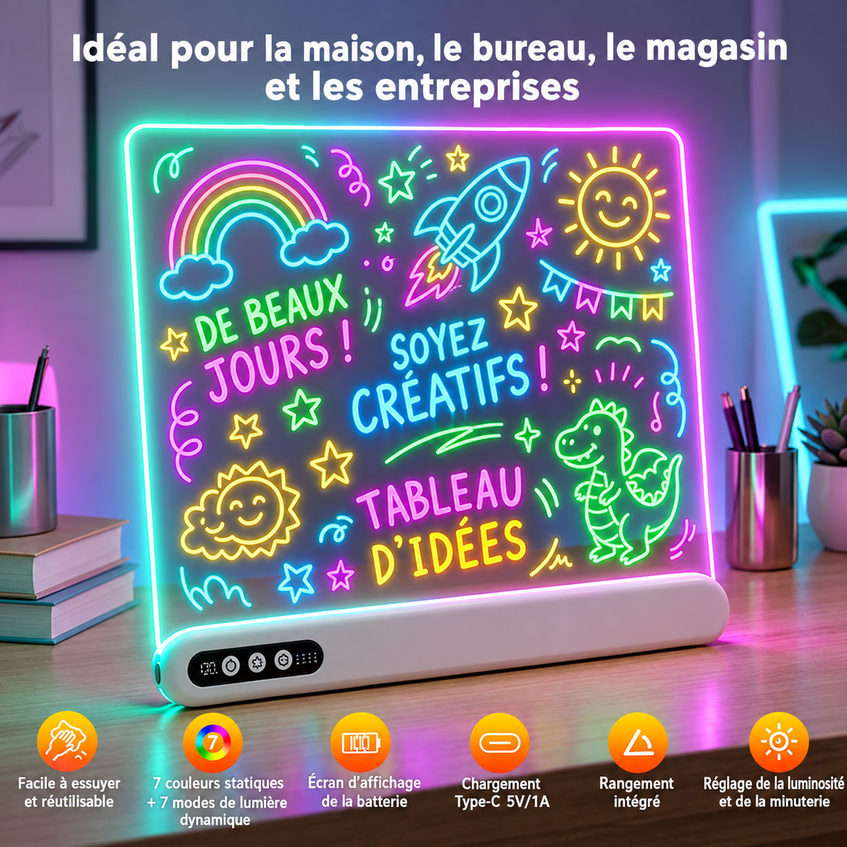 Tableau de dessin LED enfant rechargeable – Acrylique lumineux, minuterie & support intégré