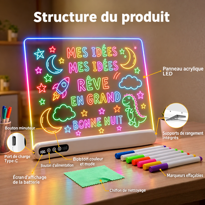 Tableau de dessin LED enfant rechargeable – Acrylique lumineux, minuterie & support intégré