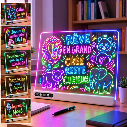 Tableau de dessin LED enfant rechargeable – Acrylique lumineux, minuterie & support intégré