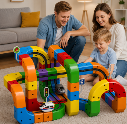 Famille jouant avec un circuit de train coloré pour enfants