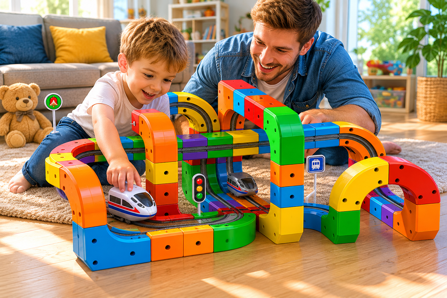Enfant et parent jouant avec un train coloré et des blocs de construction dans un salon lumineux